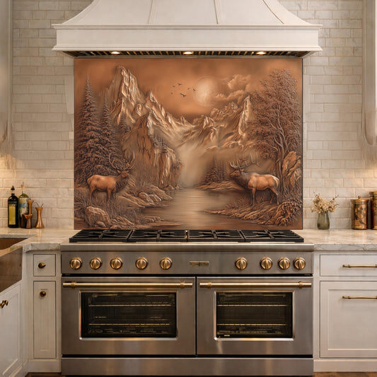 3D Deer Mountain Glass Backsplash, Bronze Landscape Kitchen Wall Panel