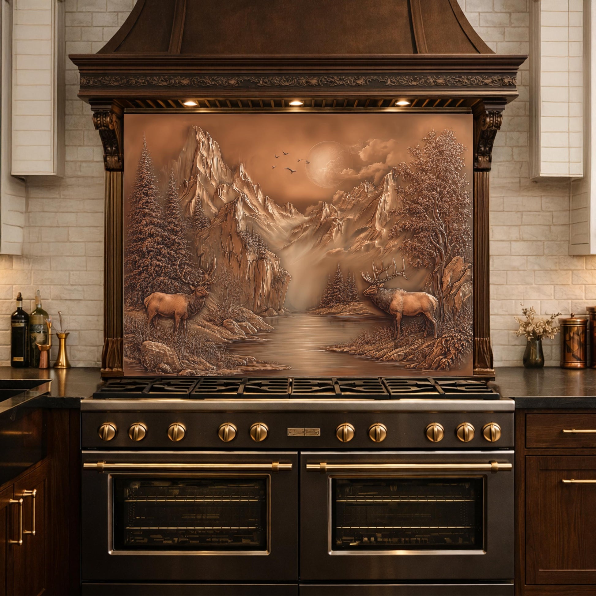 3D Deer Mountain Glass Backsplash, Bronze Landscape Kitchen Wall Panel