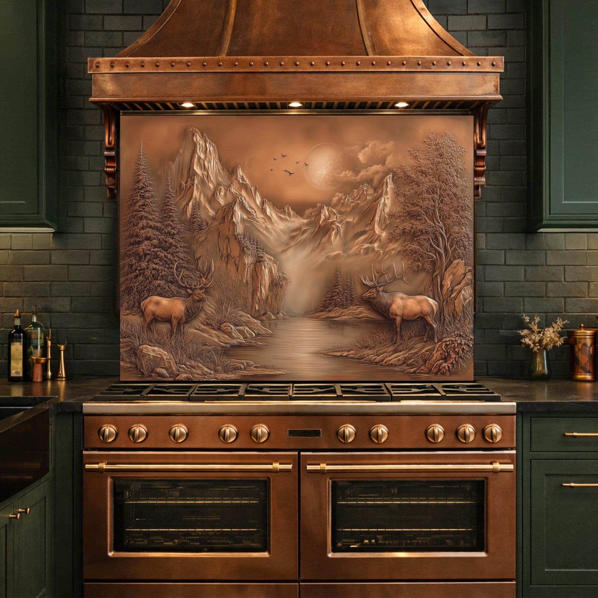 3D Deer Mountain Glass Backsplash, Bronze Landscape Kitchen Wall Panel