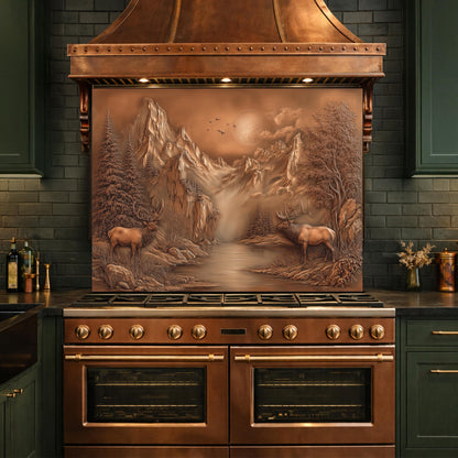 3D Deer Mountain Glass Backsplash, Bronze Landscape Kitchen Wall Panel