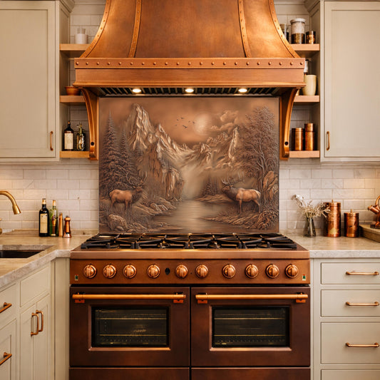 3D Deer Mountain Glass Backsplash, Bronze Landscape Kitchen Wall Panel