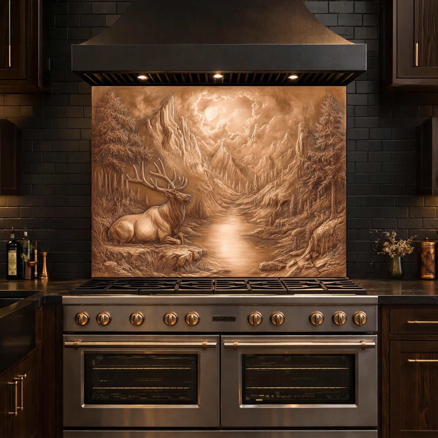 3D Deer Mountain Glass Backsplash, Bronze Nature Landscape Kitchen Panel