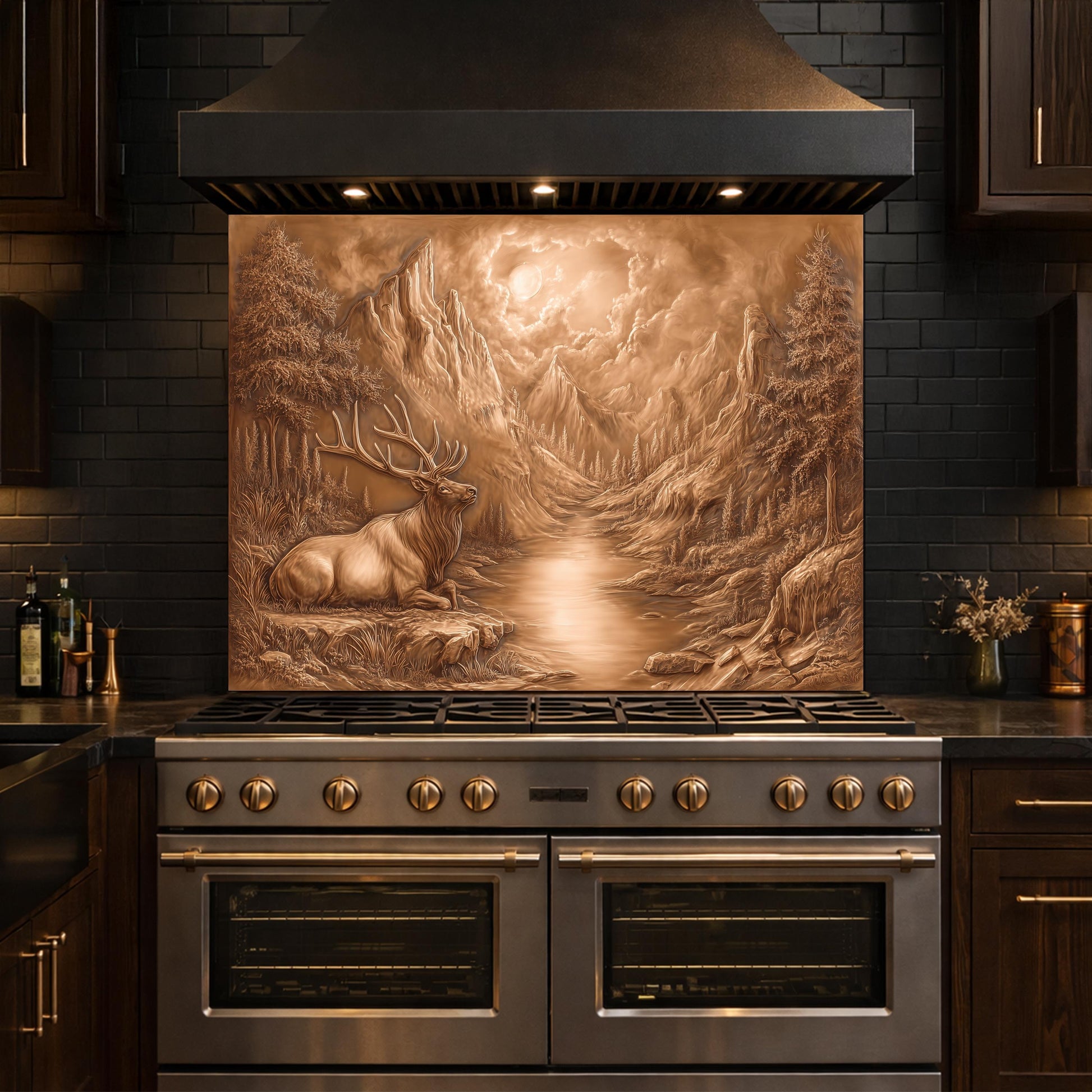 3D Deer Mountain Glass Backsplash, Bronze Nature Landscape Kitchen Panel