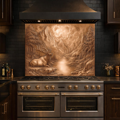 3D Deer Mountain Glass Backsplash, Bronze Nature Landscape Kitchen Panel