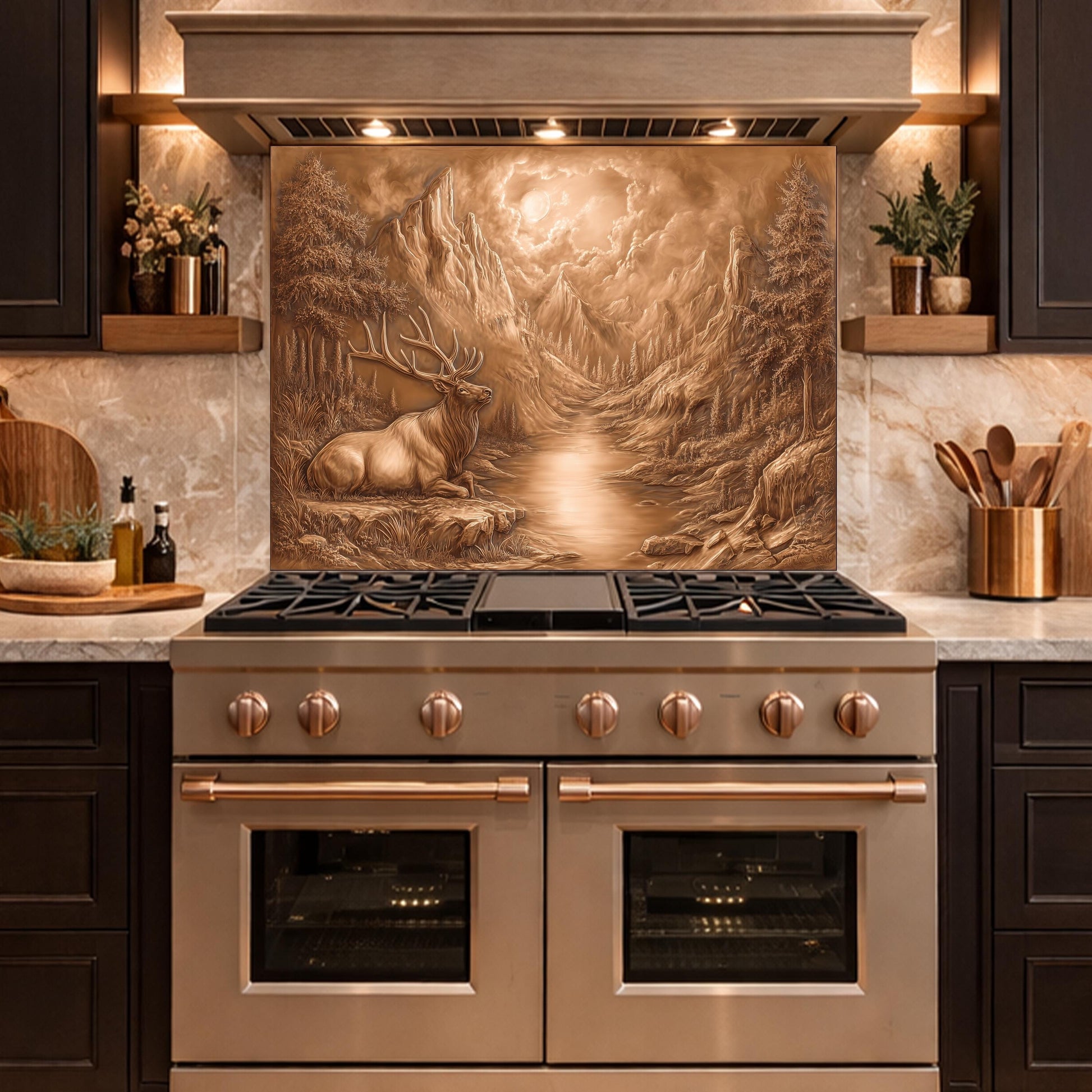 3D Deer Mountain Glass Backsplash, Bronze Nature Landscape Kitchen Panel