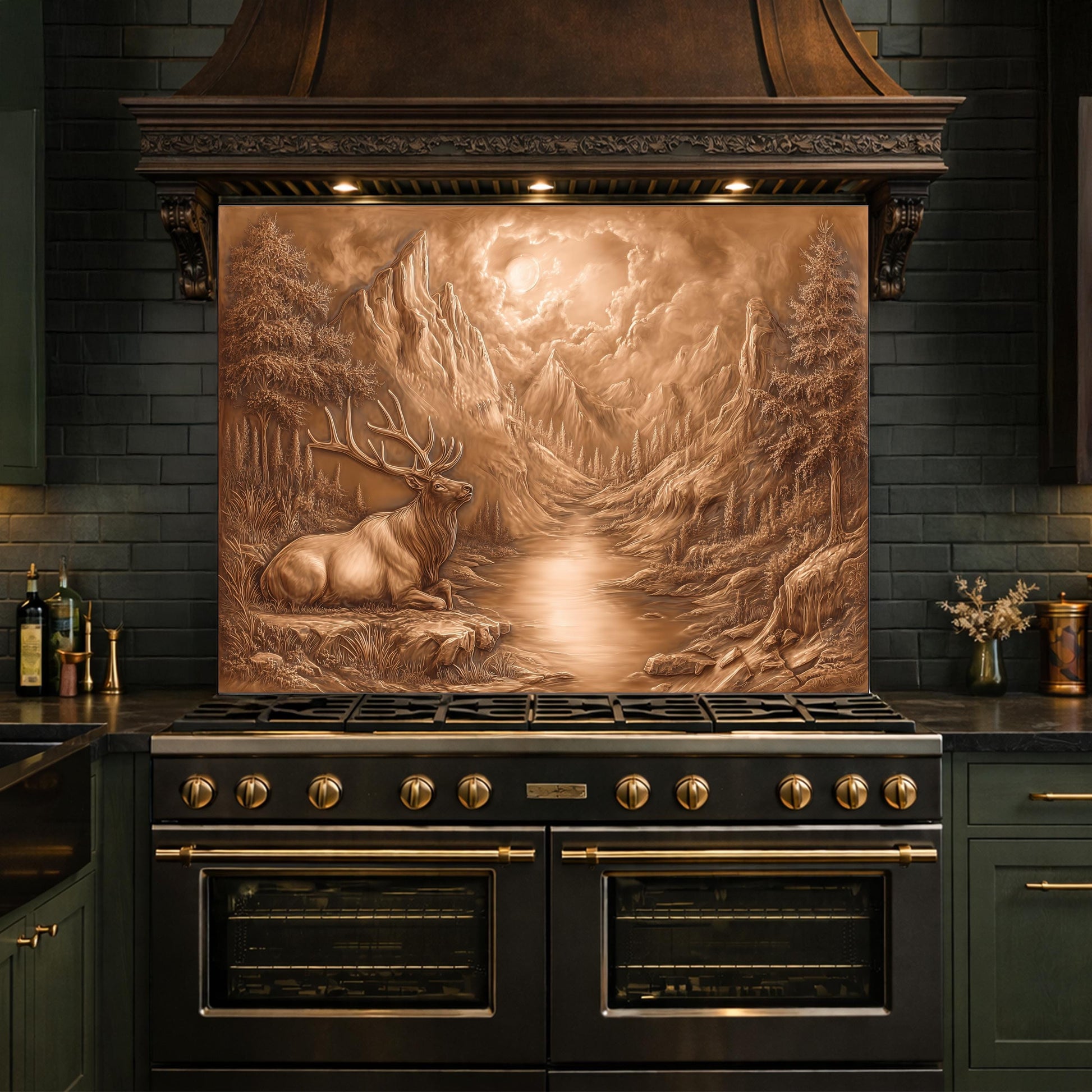 3D Deer Mountain Glass Backsplash, Bronze Nature Landscape Kitchen Panel