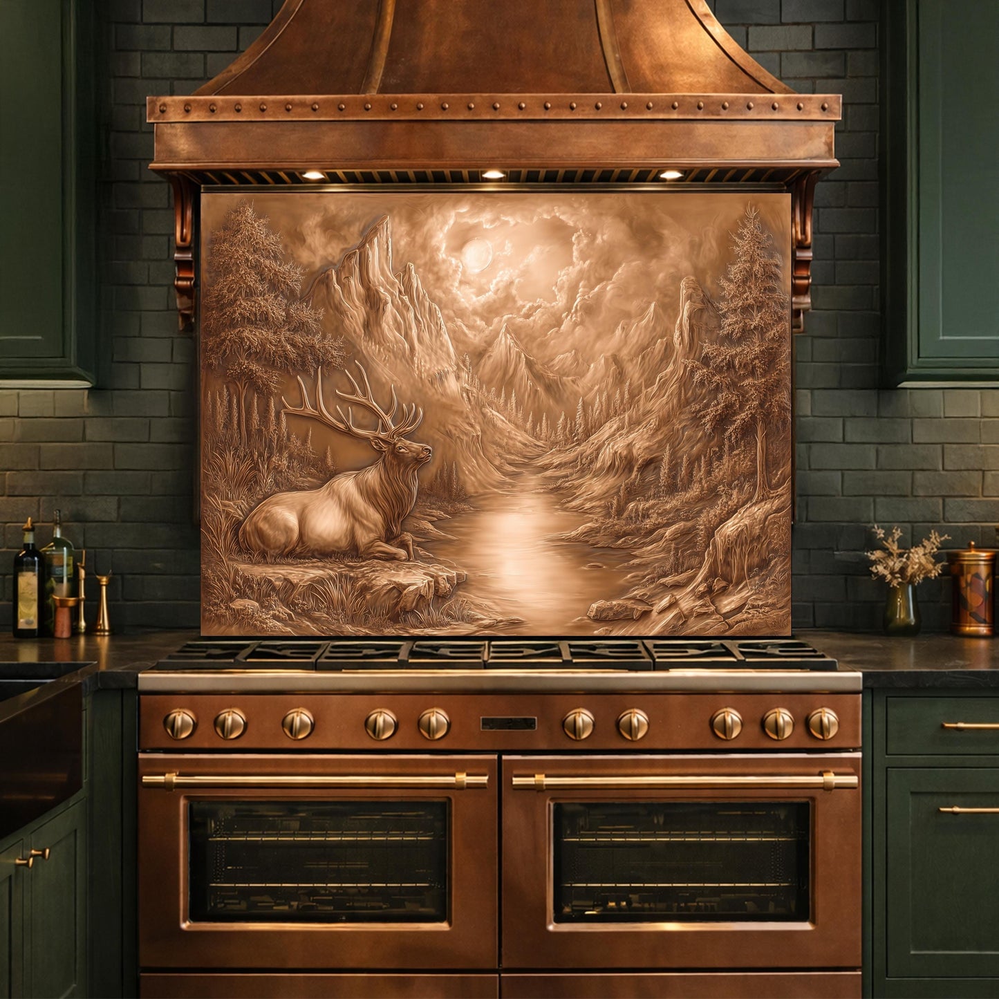 3D Deer Mountain Glass Backsplash, Bronze Nature Landscape Kitchen Panel