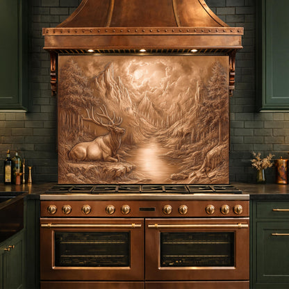 3D Deer Mountain Glass Backsplash, Bronze Nature Landscape Kitchen Panel