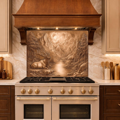 3D Deer Mountain Glass Backsplash, Bronze Nature Landscape Kitchen Panel