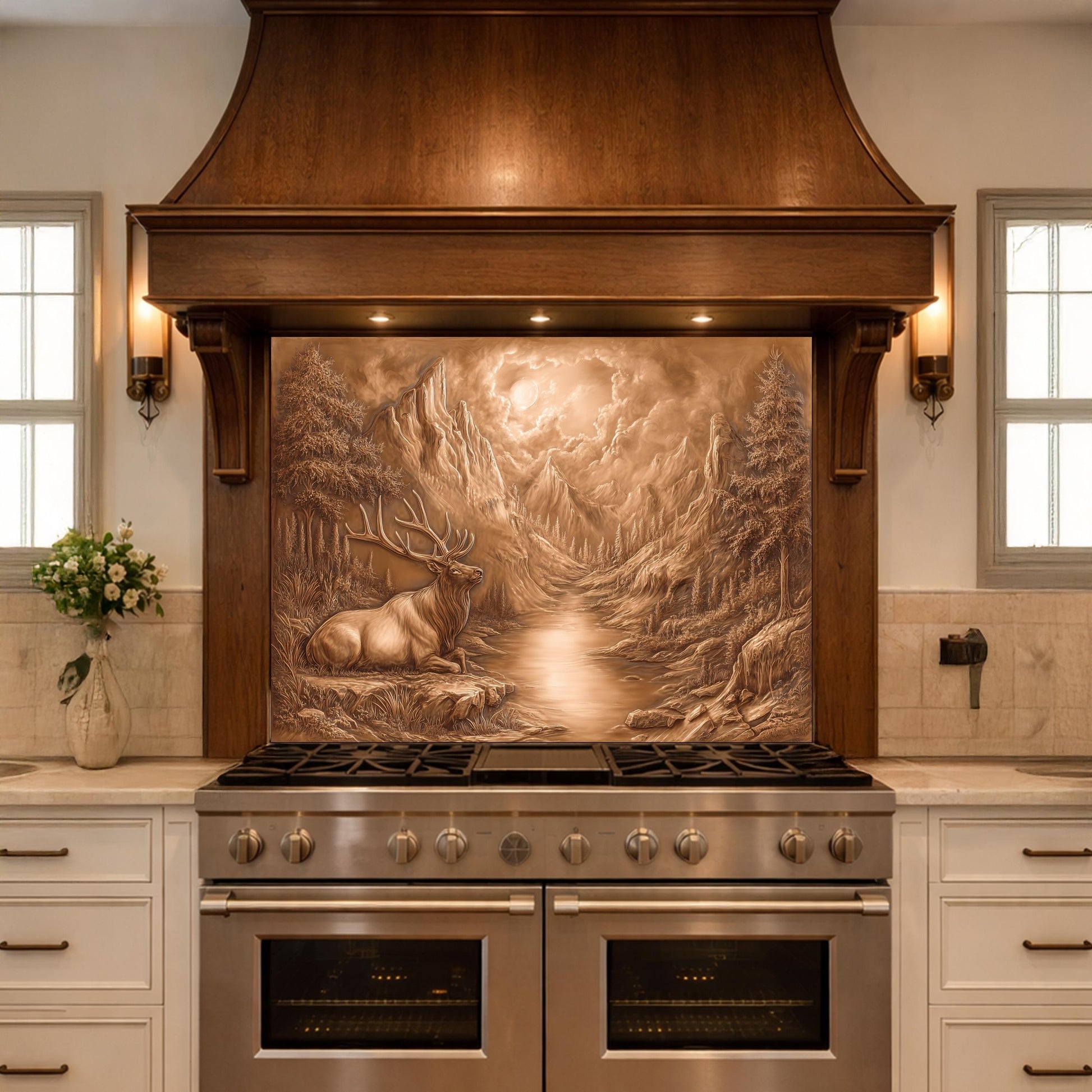 3D Deer Mountain Glass Backsplash, Bronze Nature Landscape Kitchen Panel