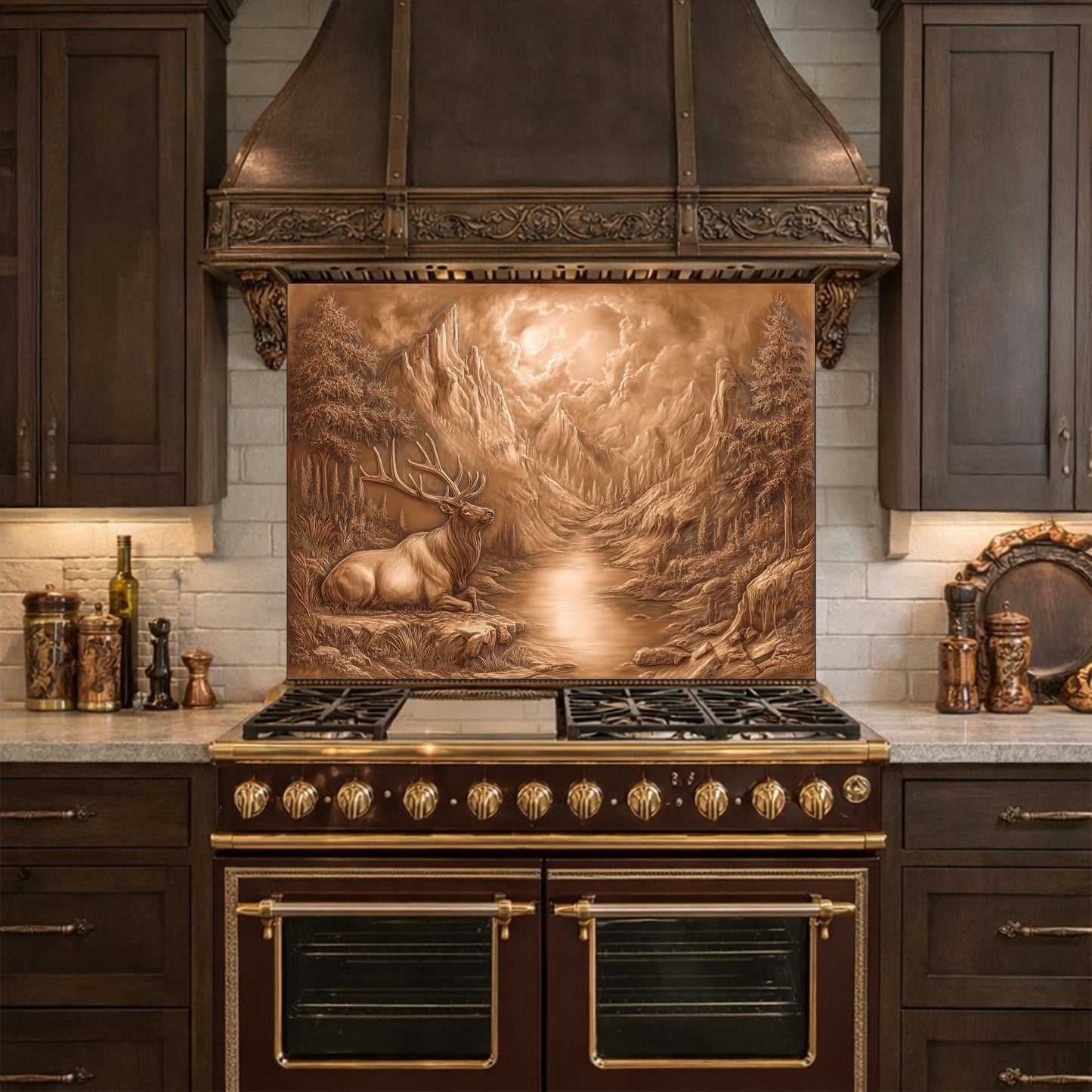 3D Deer Mountain Glass Backsplash, Bronze Nature Landscape Kitchen Panel