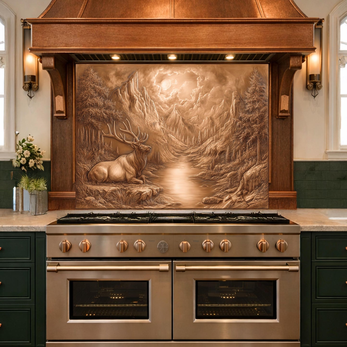 3D Deer Mountain Glass Backsplash, Bronze Nature Landscape Kitchen Panel