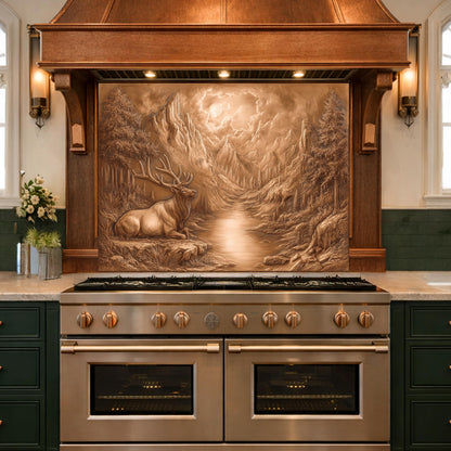 3D Deer Mountain Glass Backsplash, Bronze Nature Landscape Kitchen Panel