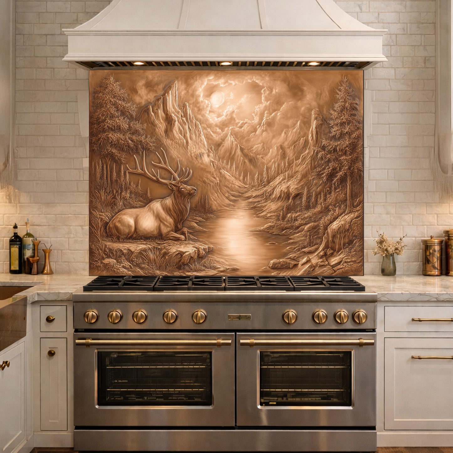3D Deer Mountain Glass Backsplash, Bronze Nature Landscape Kitchen Panel