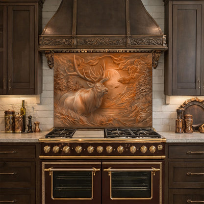 3D Deer Head Glass Backsplash, Bronze Mountain Moon Kitchen Wall Panel