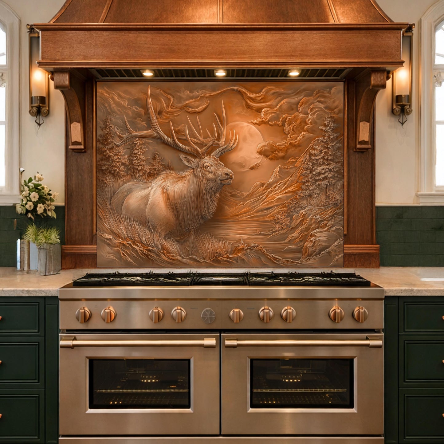 3D Deer Head Glass Backsplash, Bronze Mountain Moon Kitchen Wall Panel