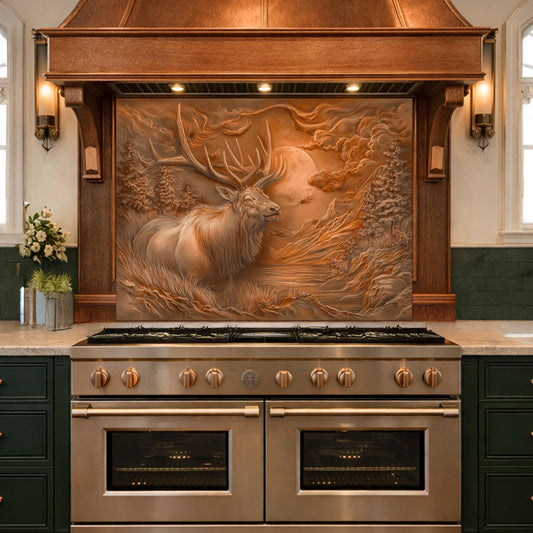 3D Deer Head Glass Backsplash, Bronze Mountain Moon Kitchen Wall Panel