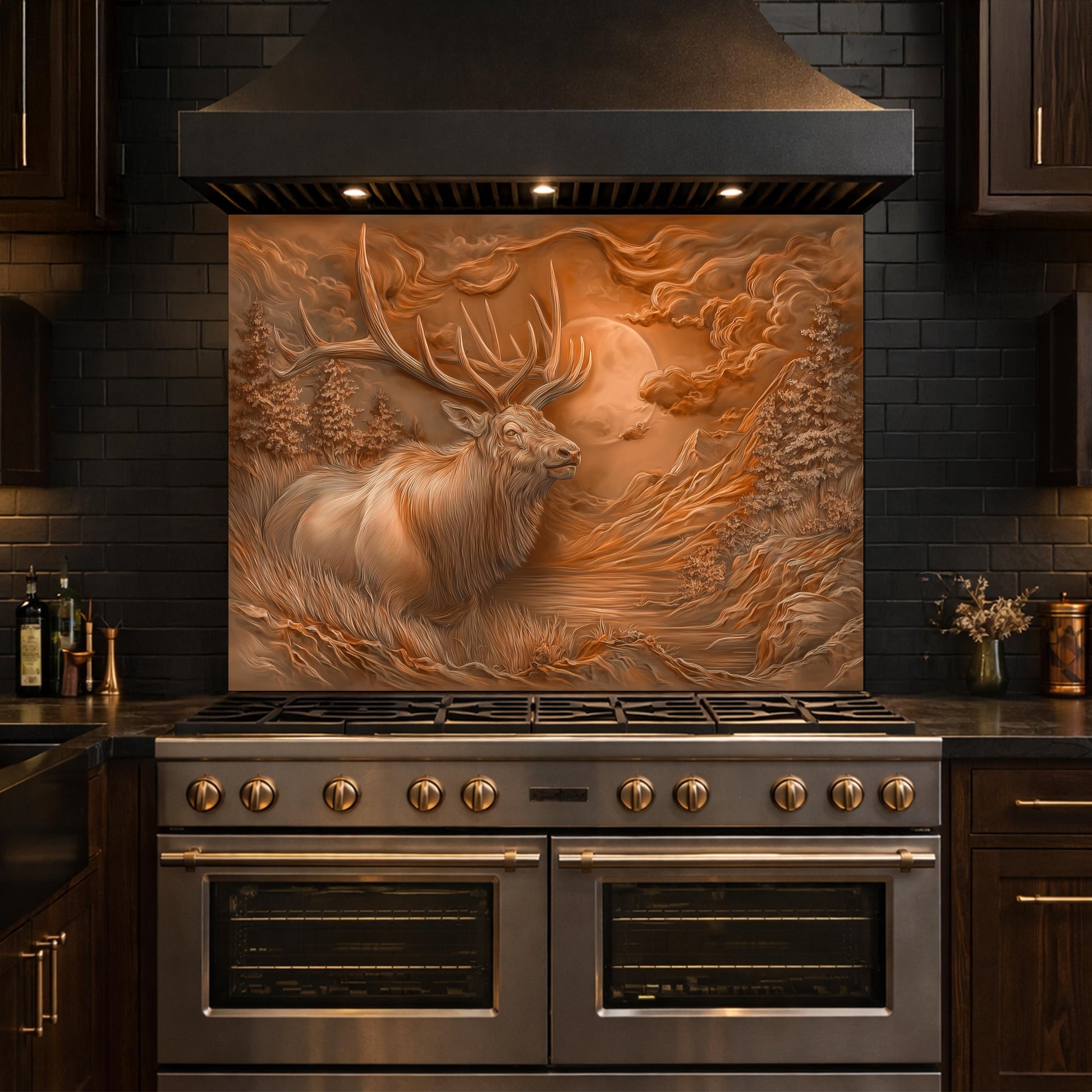 3D Deer Head Glass Backsplash, Bronze Mountain Moon Kitchen Wall Panel