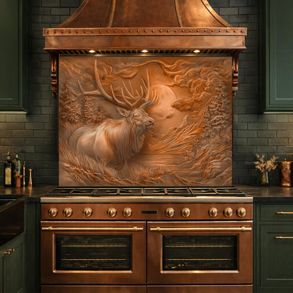 3D Deer Head Glass Backsplash, Bronze Mountain Moon Kitchen Wall Panel