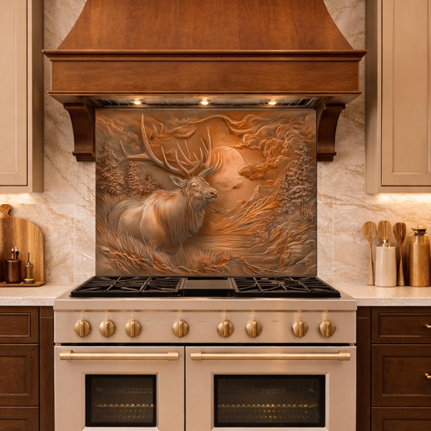 3D Deer Head Glass Backsplash, Bronze Mountain Moon Kitchen Wall Panel