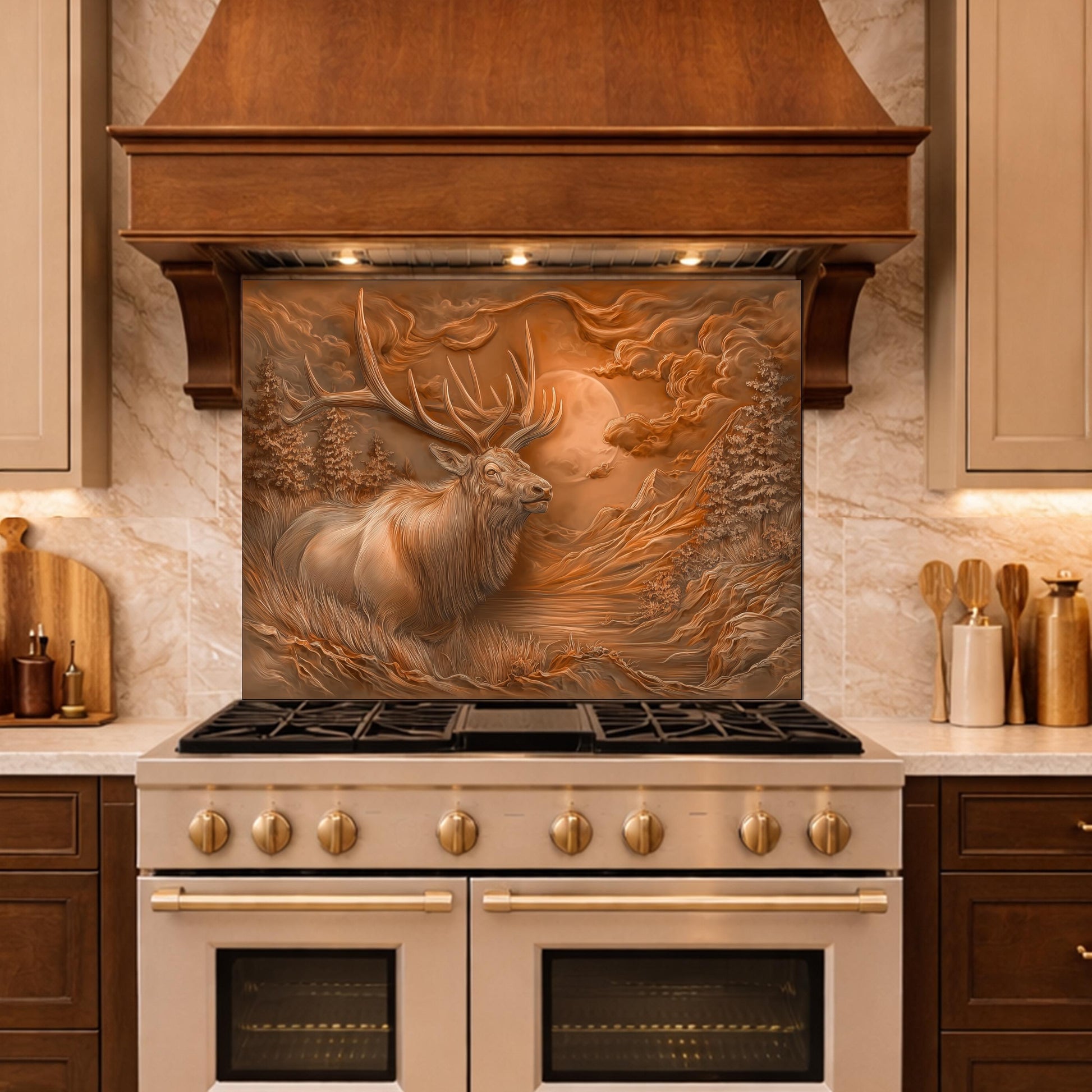 3D Deer Head Glass Backsplash, Bronze Mountain Moon Kitchen Wall Panel
