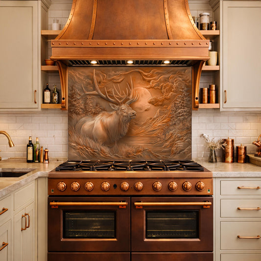 3D Deer Head Glass Backsplash, Bronze Mountain Moon Kitchen Wall Panel
