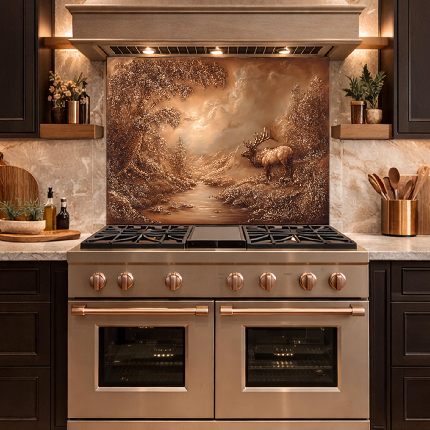 3D Deer Forest Glass Backsplash, Bronze Nature Landscape Kitchen Panel