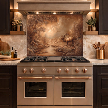 3D Deer Forest Glass Backsplash, Bronze Nature Landscape Kitchen Panel