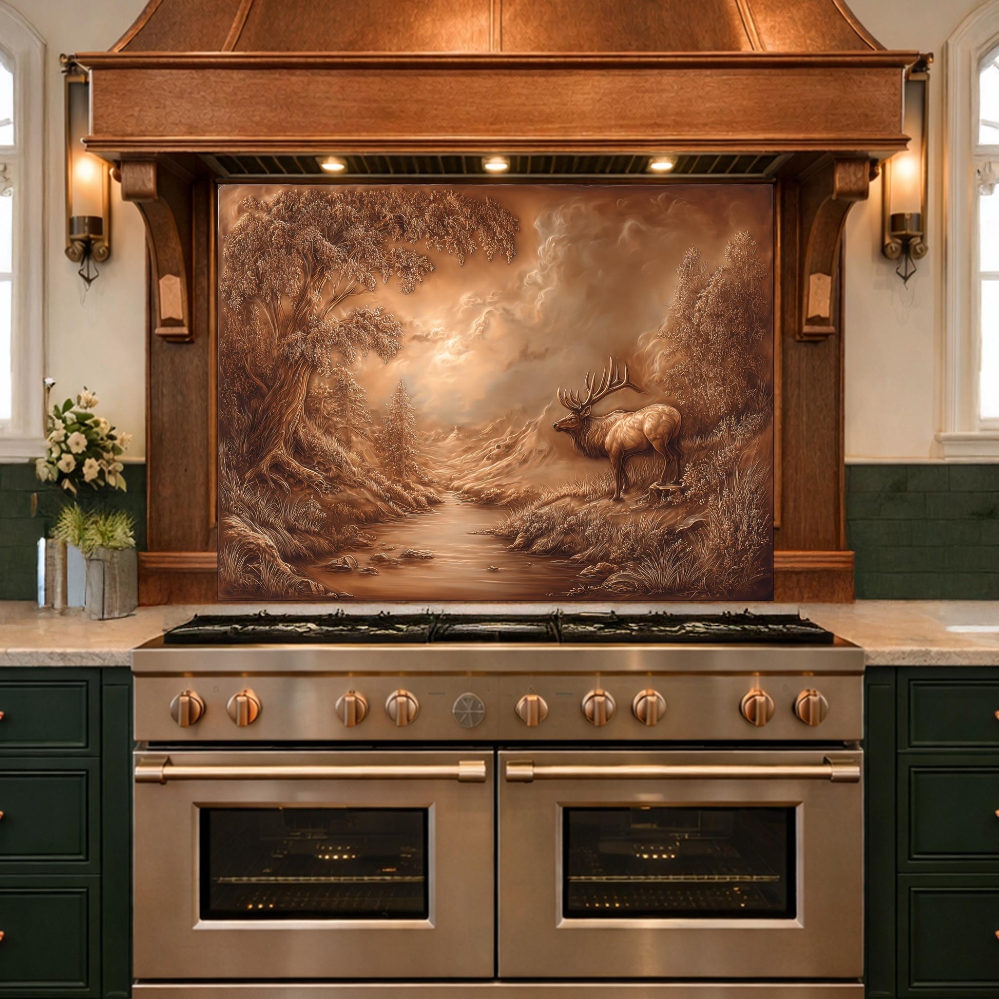 3D Deer Forest Glass Backsplash, Bronze Nature Landscape Kitchen Panel