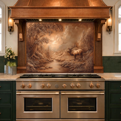 3D Deer Forest Glass Backsplash, Bronze Nature Landscape Kitchen Panel