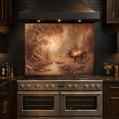 3D Deer Forest Glass Backsplash, Bronze Nature Landscape Kitchen Panel
