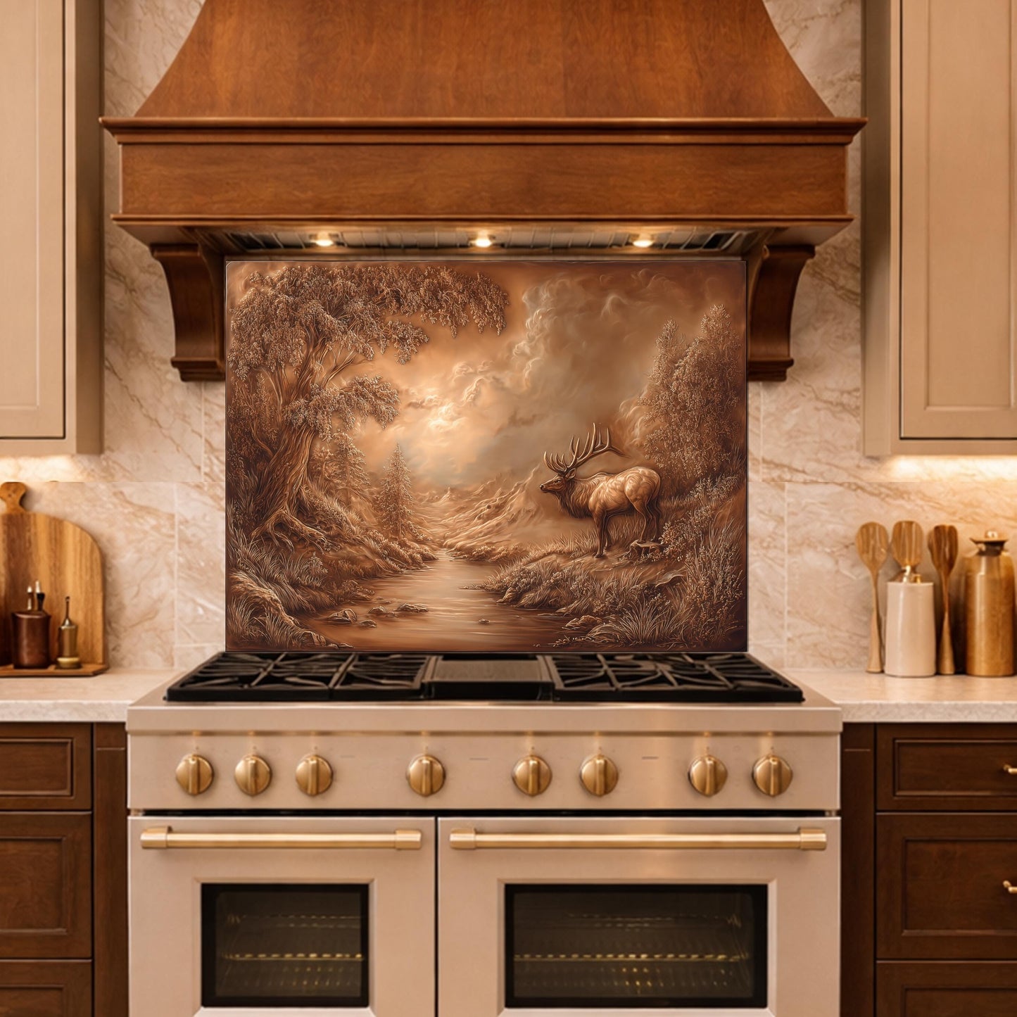 3D Deer Forest Glass Backsplash, Bronze Nature Landscape Kitchen Panel