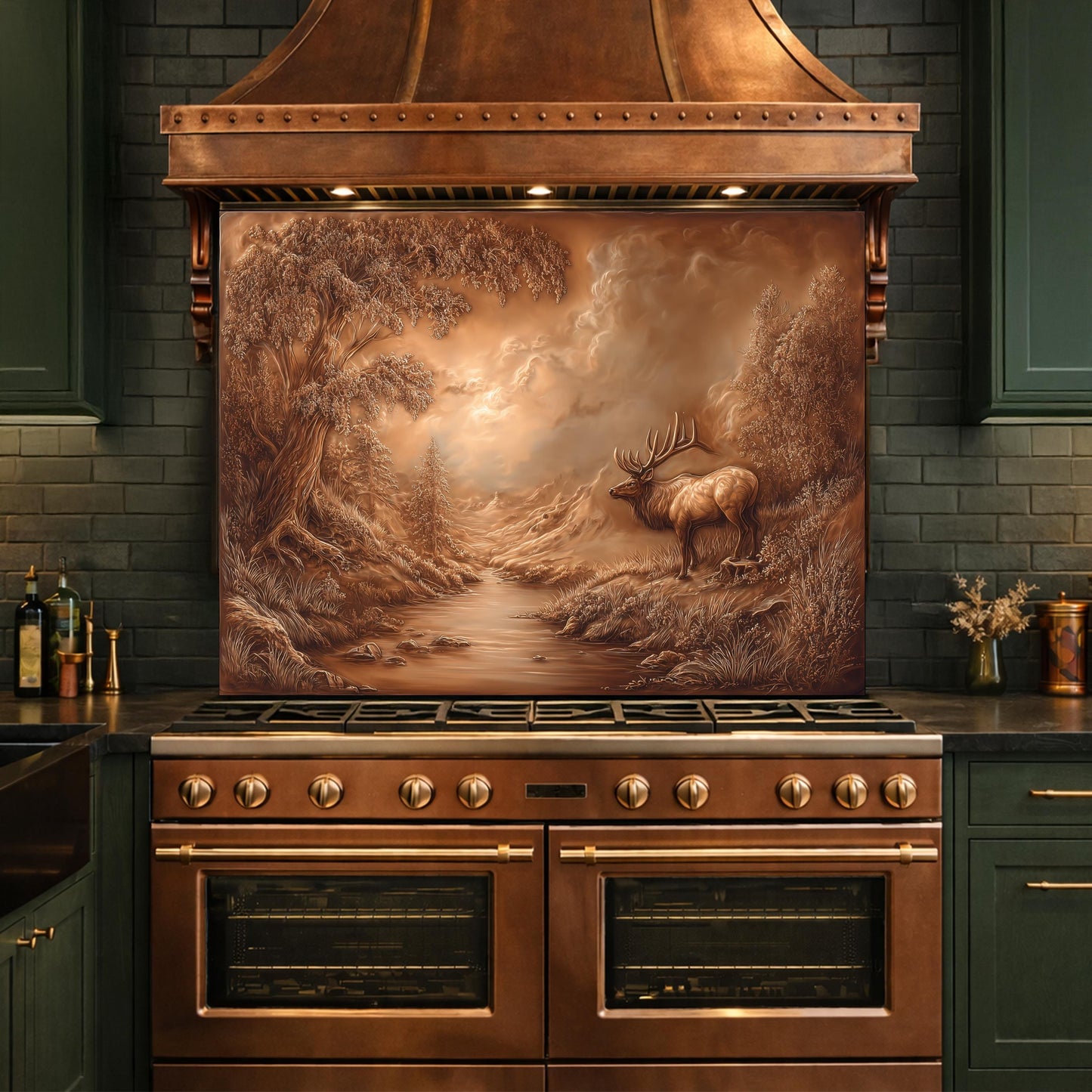 3D Deer Forest Glass Backsplash, Bronze Nature Landscape Kitchen Panel