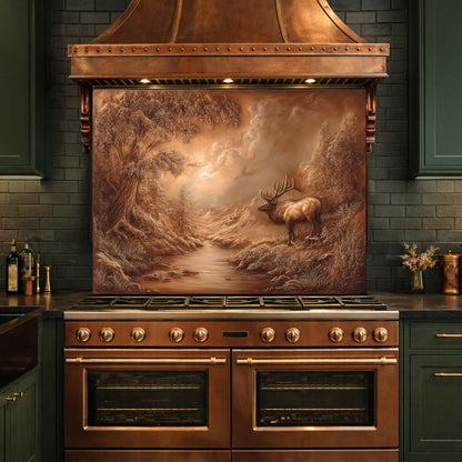 3D Deer Forest Glass Backsplash, Bronze Nature Landscape Kitchen Panel