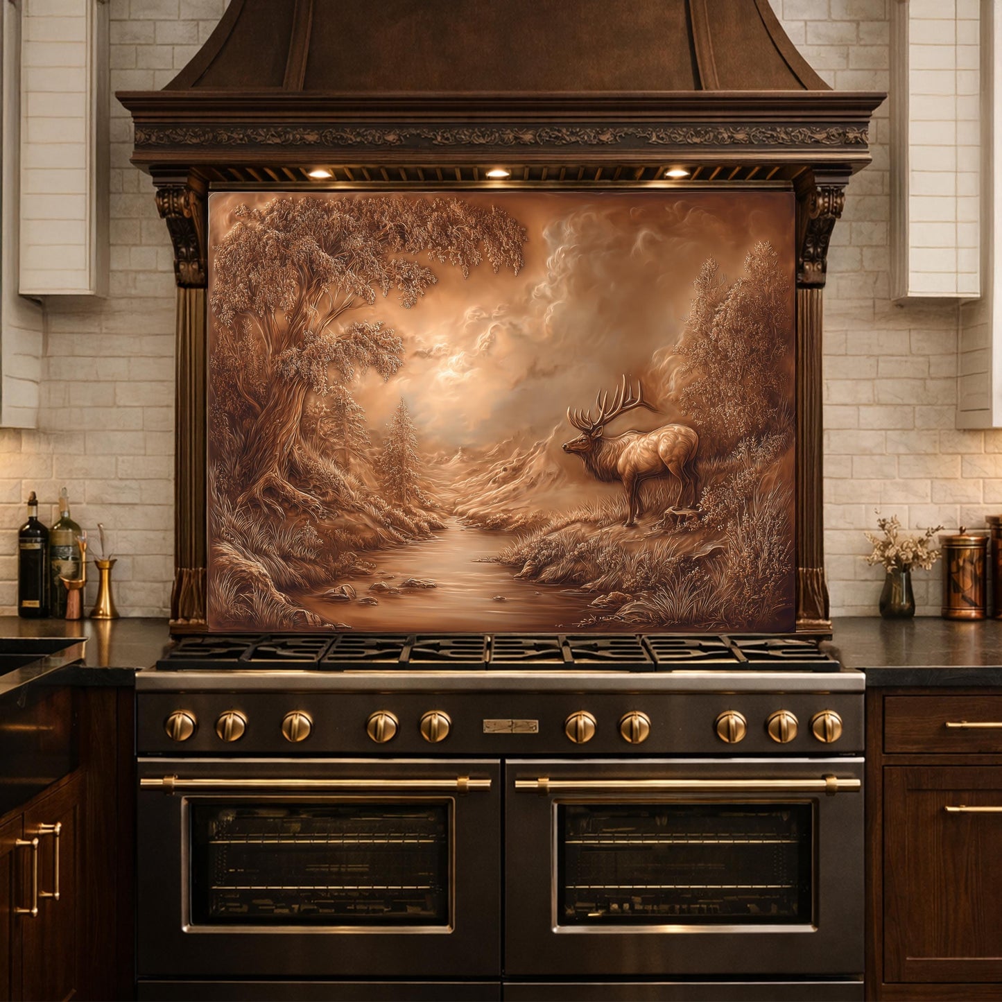 3D Deer Forest Glass Backsplash, Bronze Nature Landscape Kitchen Panel