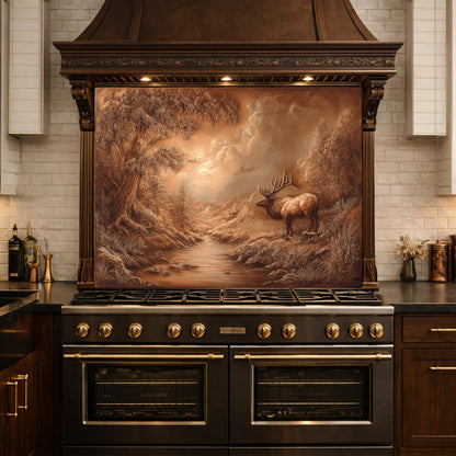 3D Deer Forest Glass Backsplash, Bronze Nature Landscape Kitchen Panel