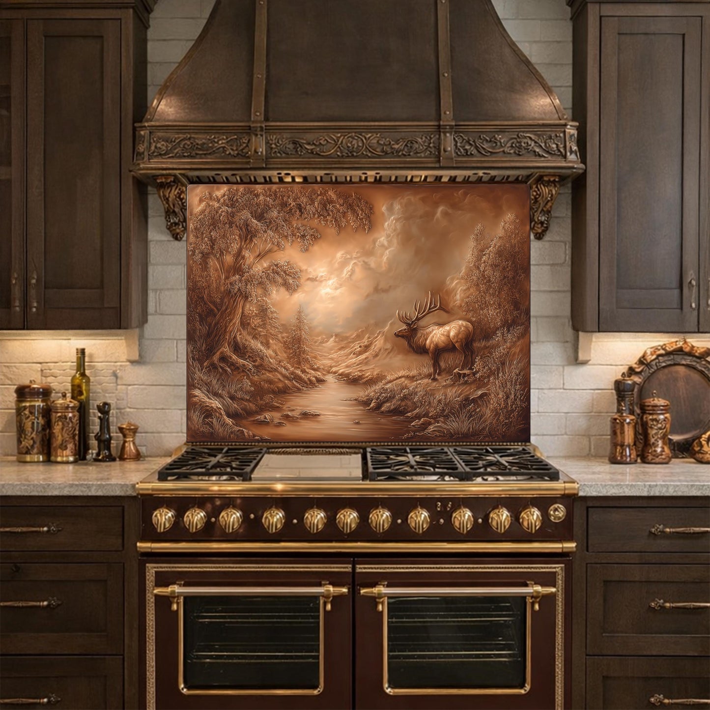 3D Deer Forest Glass Backsplash, Bronze Nature Landscape Kitchen Panel