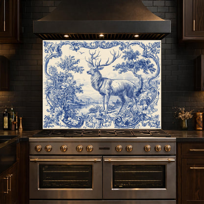 Blue White Deer Glass Backsplash, Vintage Ornate Tile Kitchen Wall Panel