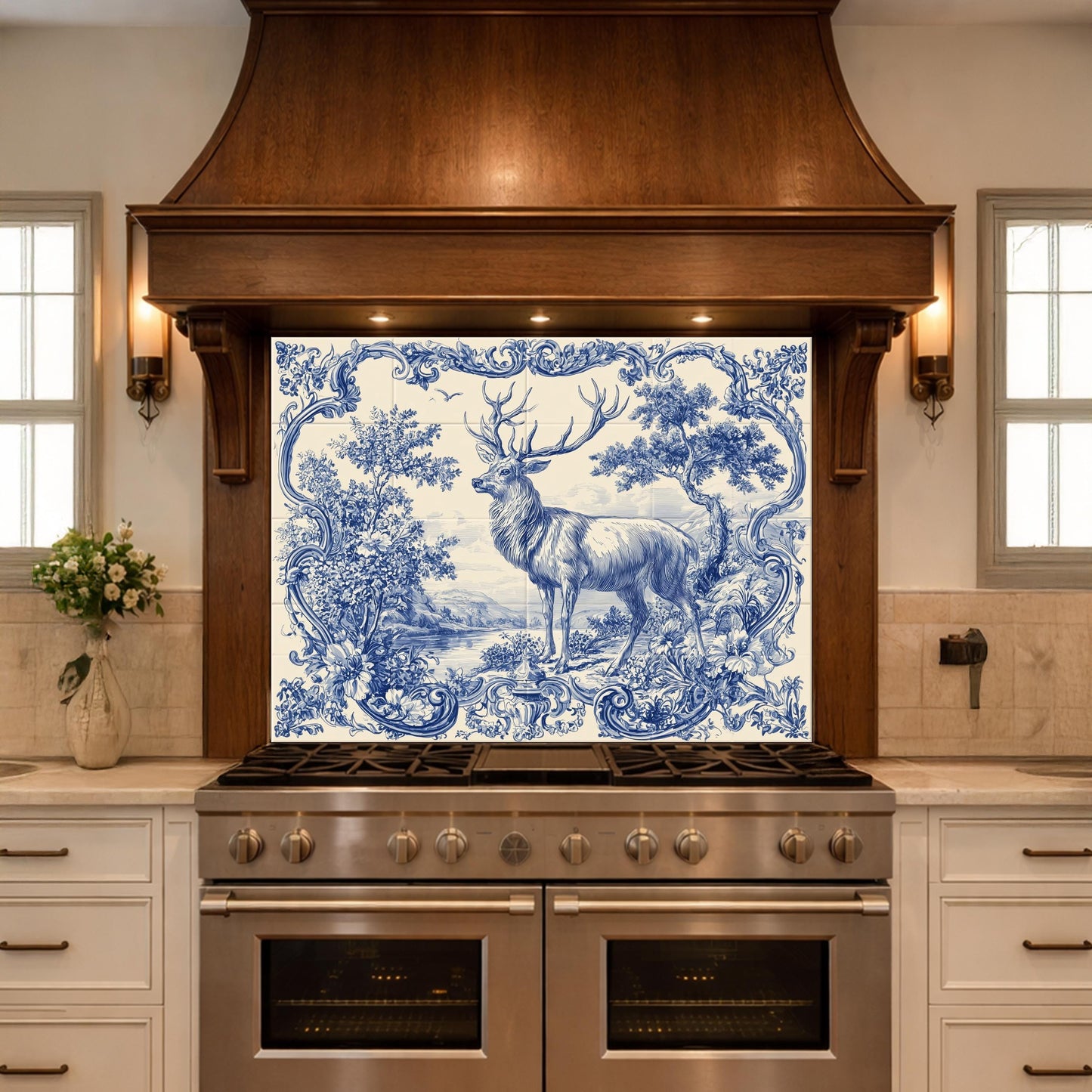 Blue White Deer Glass Backsplash, Vintage Ornate Tile Kitchen Wall Panel