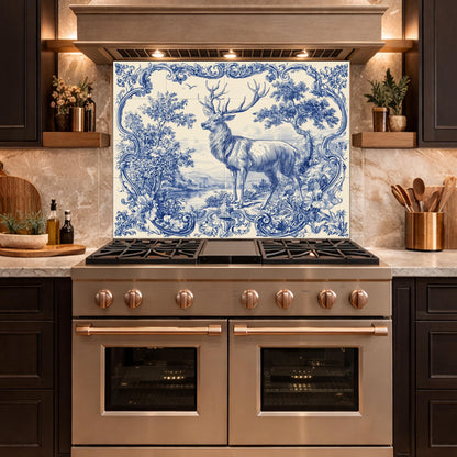 Blue White Deer Glass Backsplash, Vintage Ornate Tile Kitchen Wall Panel