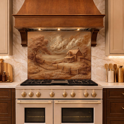 Rustic Farmhouse Landscape Glass Backsplash, Sepia Country Kitchen Wall Panel