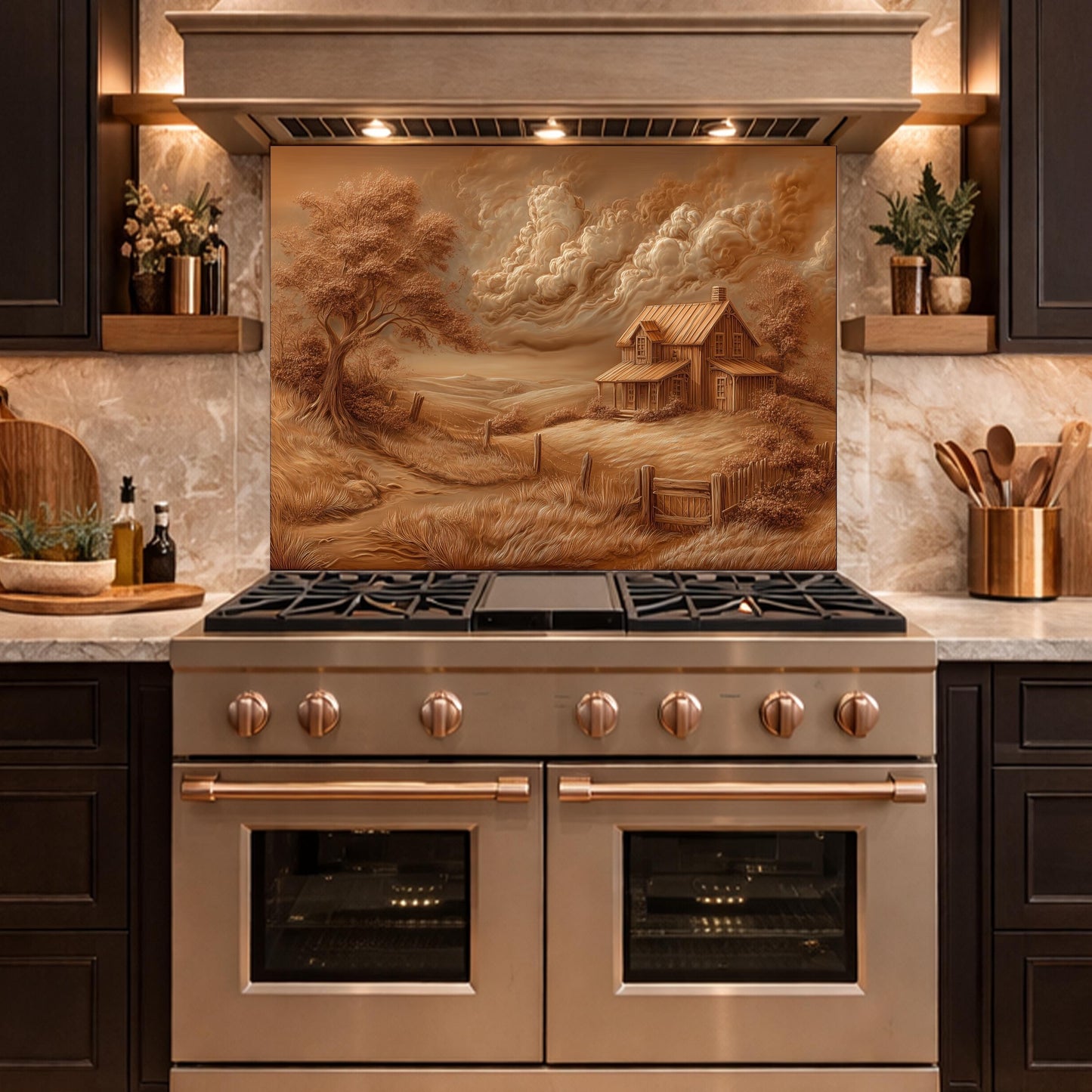 Rustic Farmhouse Landscape Glass Backsplash, Sepia Country Kitchen Wall Panel
