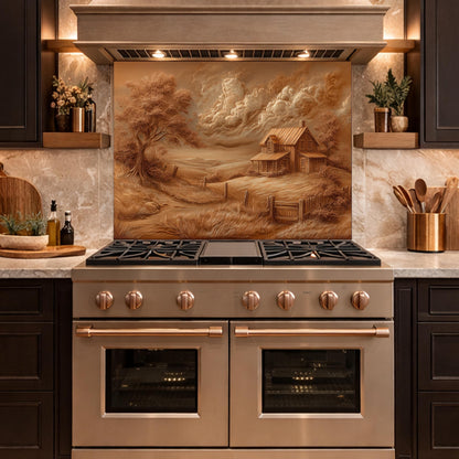 Rustic Farmhouse Landscape Glass Backsplash, Sepia Country Kitchen Wall Panel