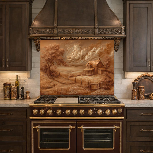 Rustic Farmhouse Landscape Glass Backsplash, Sepia Country Kitchen Wall Panel