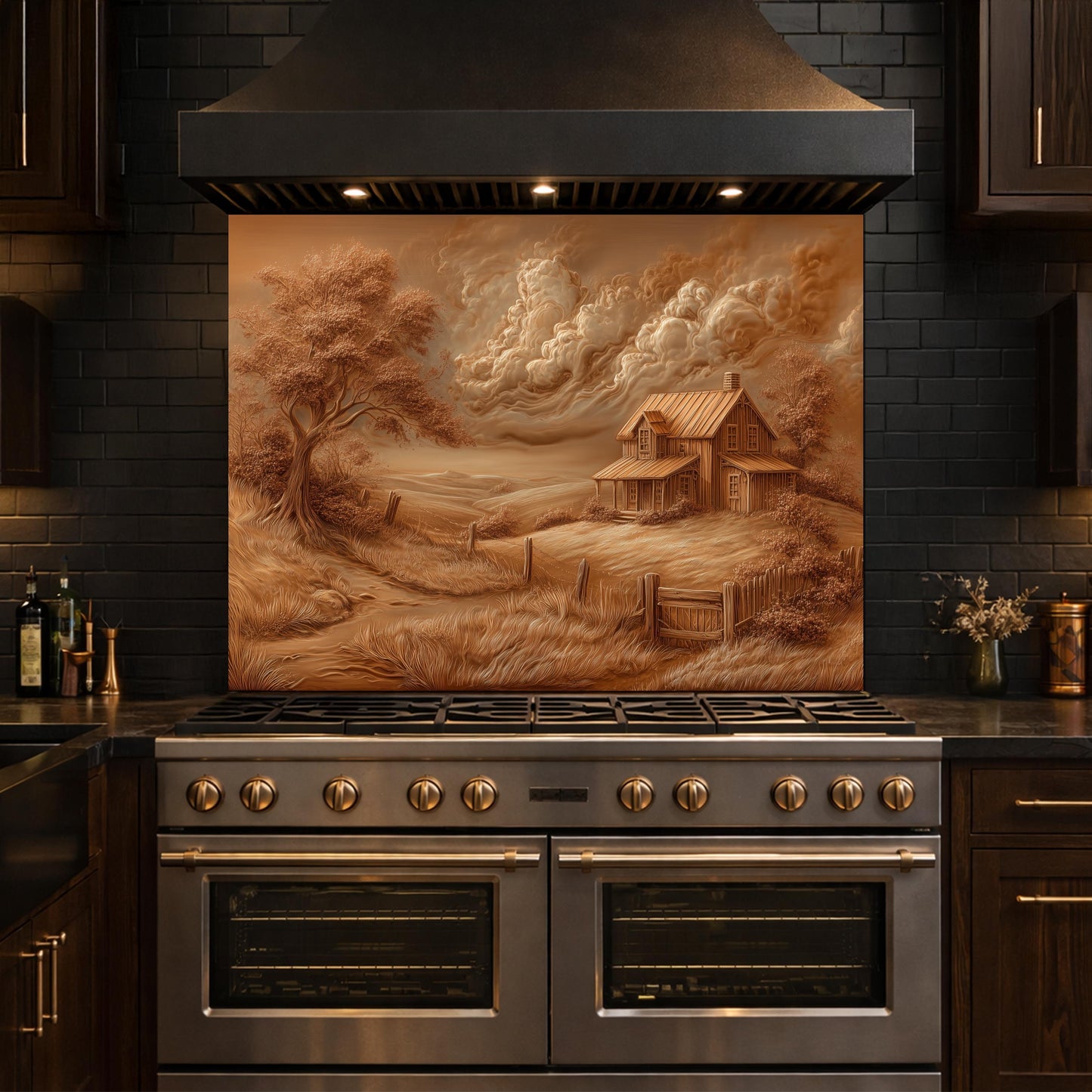 Rustic Farmhouse Landscape Glass Backsplash, Sepia Country Kitchen Wall Panel
