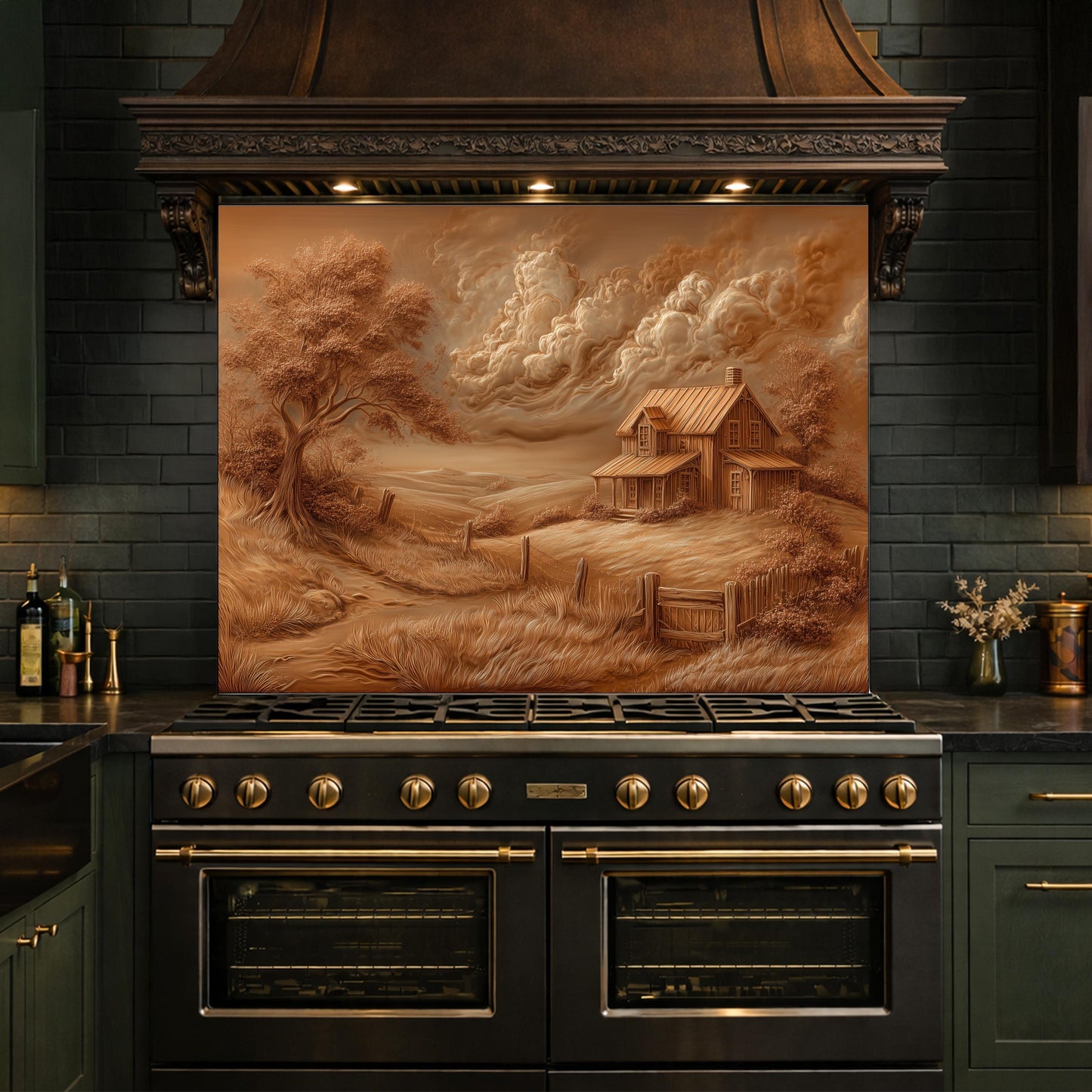 Rustic Farmhouse Landscape Glass Backsplash, Sepia Country Kitchen Wall Panel