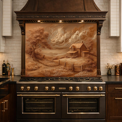 Rustic Farmhouse Landscape Glass Backsplash, Sepia Country Kitchen Wall Panel