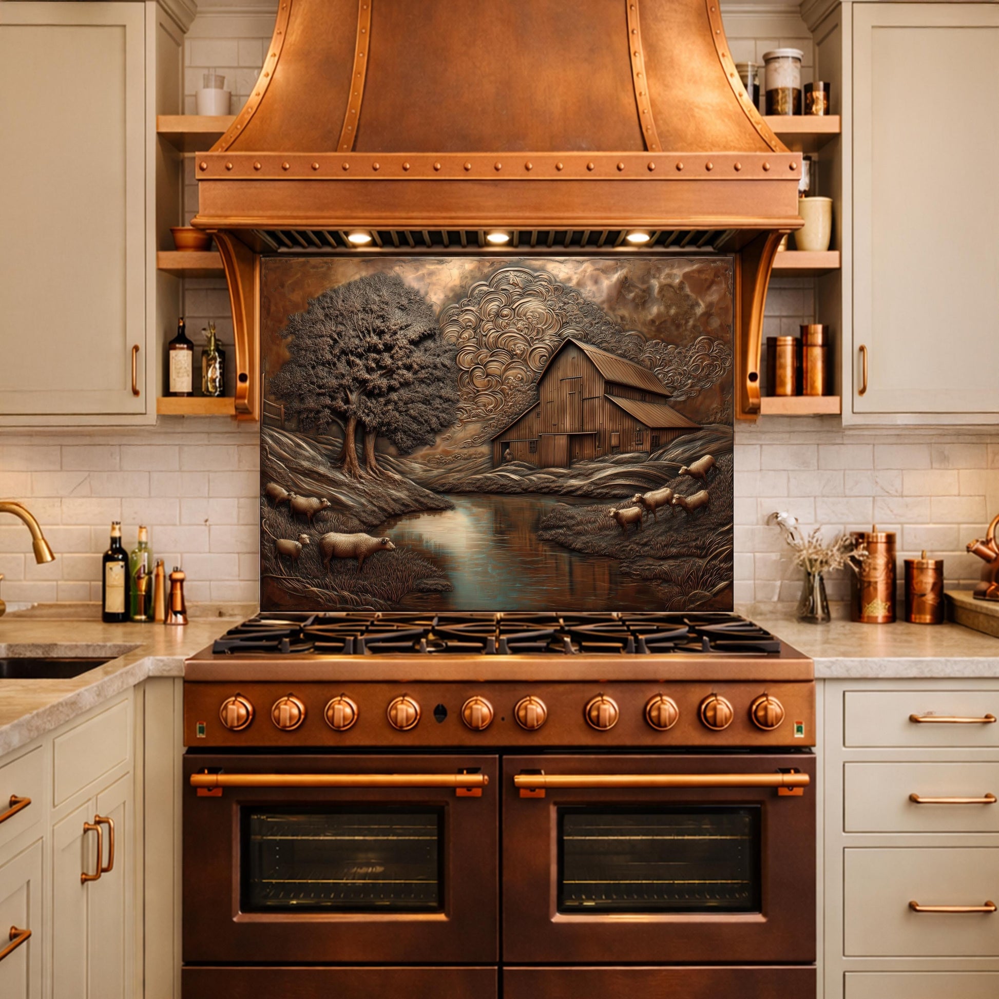 Rustic Barn Sheep Landscape Glass Backsplash, Sepia Farmhouse Kitchen Panel