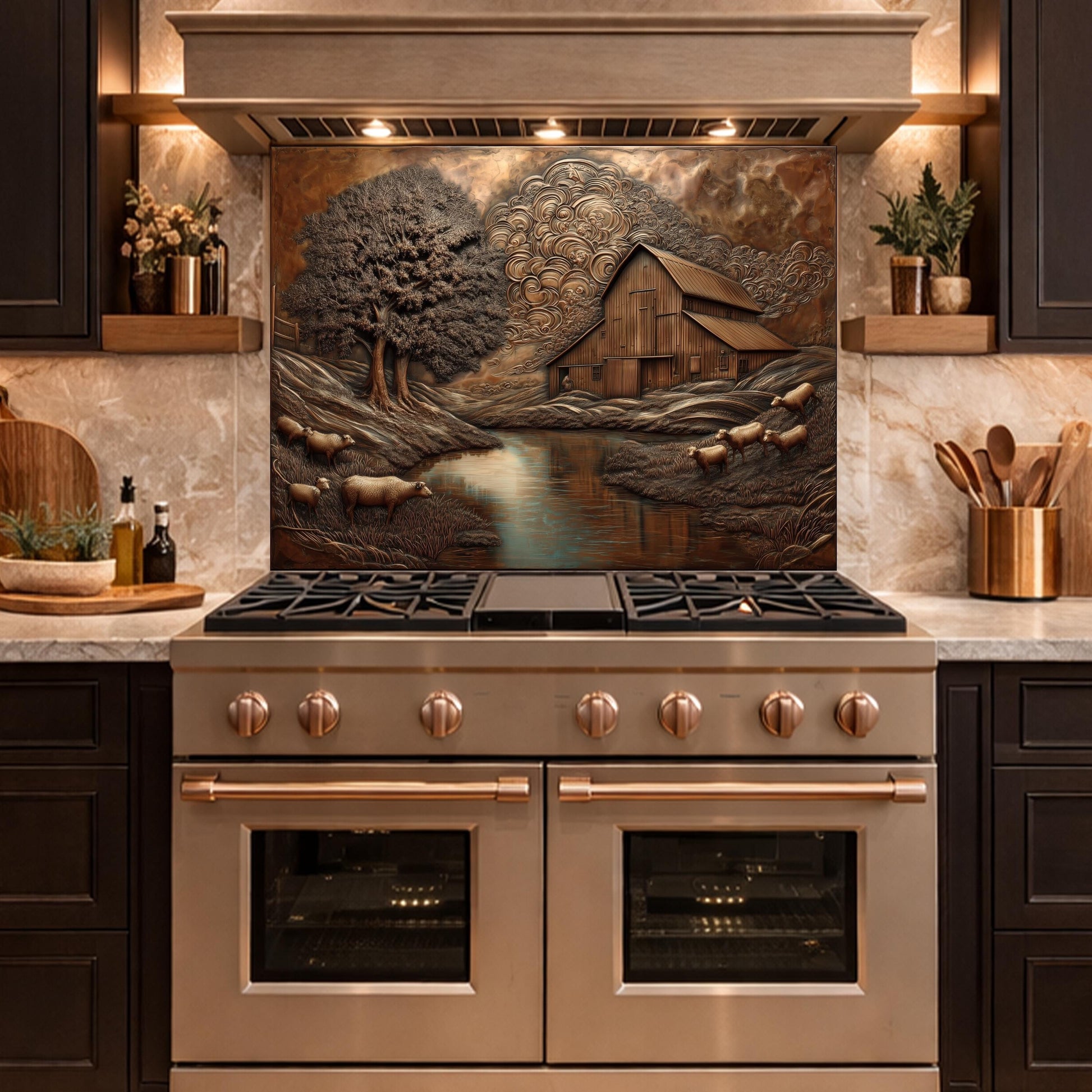 Rustic Barn Sheep Landscape Glass Backsplash, Sepia Farmhouse Kitchen Panel