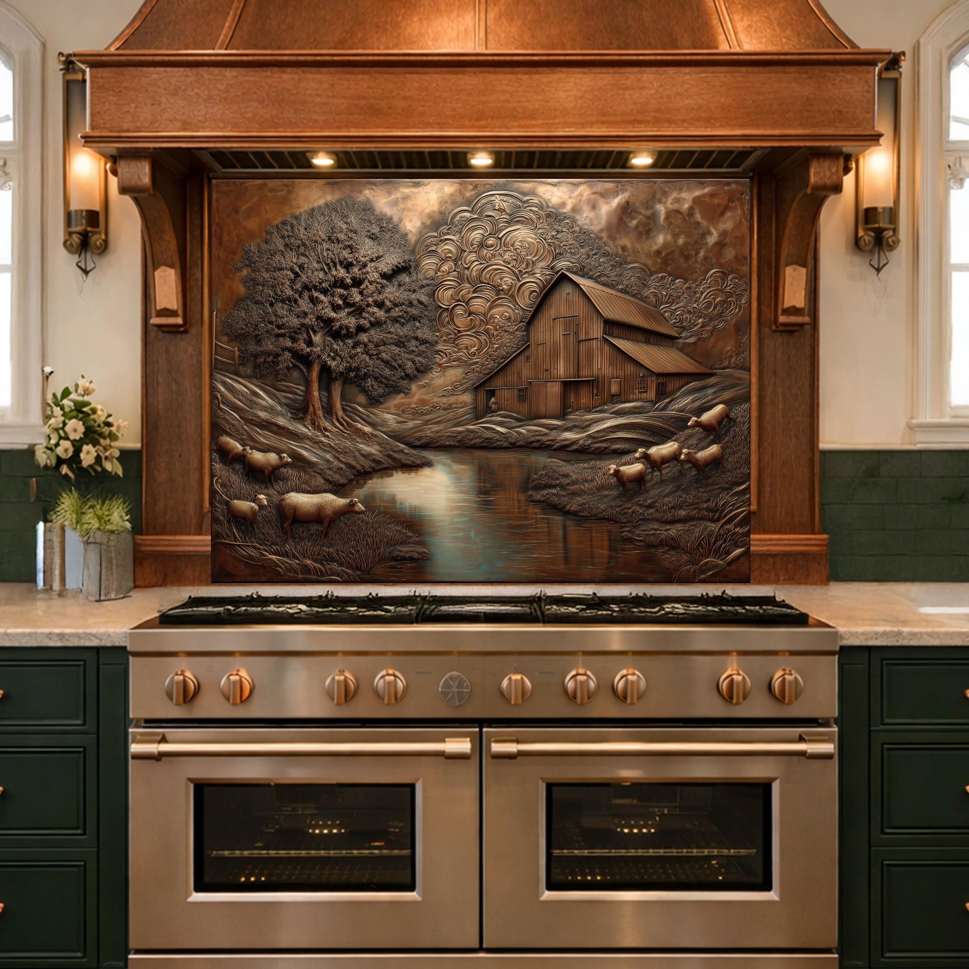 Rustic Barn Sheep Landscape Glass Backsplash, Sepia Farmhouse Kitchen Panel